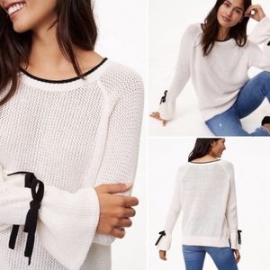 LOFT White Scoop Neck Sweater with Black Trim and Sleeve Bows